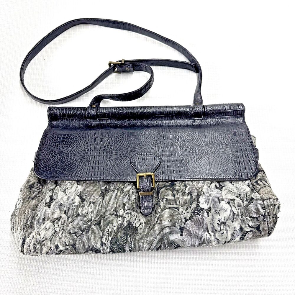 Black Crocodile-Embossed Faux Leather and Floral Tapestry Shoulder Bag - Boho